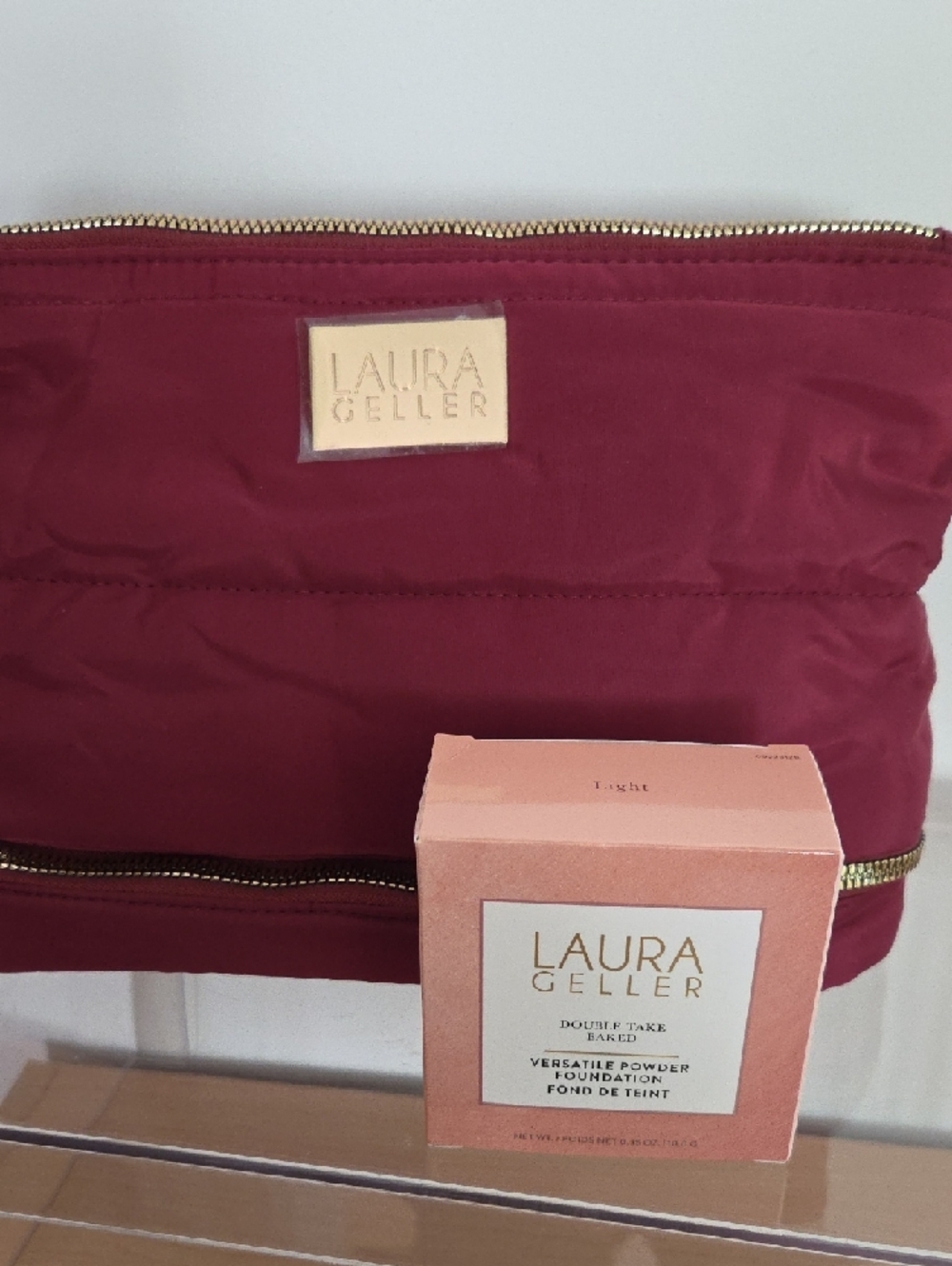 Laura Geller Burgundy Nylon Cosmetic Pouch & Laura Geller Baked Foundation - Picture 2 of 8